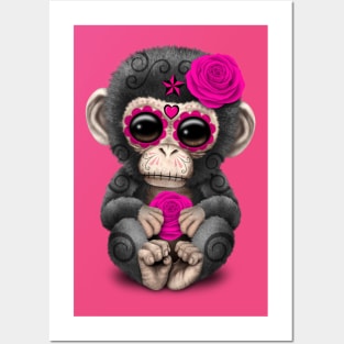 Pink Day of the Dead Sugar Skull Baby Chimp Posters and Art